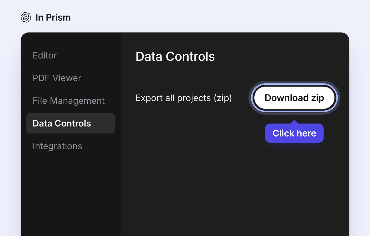 The Data Controls page in Prism settings with the Download zip button highlighted