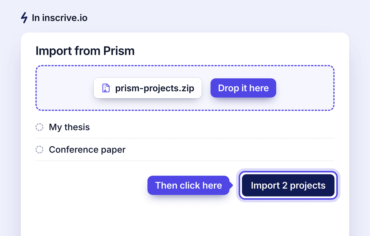 The Import from Prism window with a zip dropped in, two projects listed and the Import 2 projects button highlighted