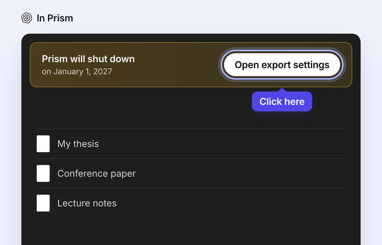 The Prism projects page with the Open export settings button highlighted in the shutdown banner