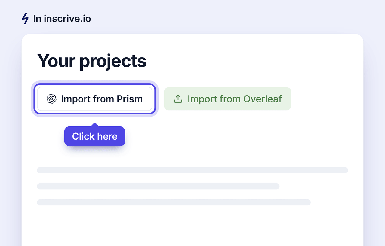 The inscrive.io projects page with the Import from Prism button highlighted